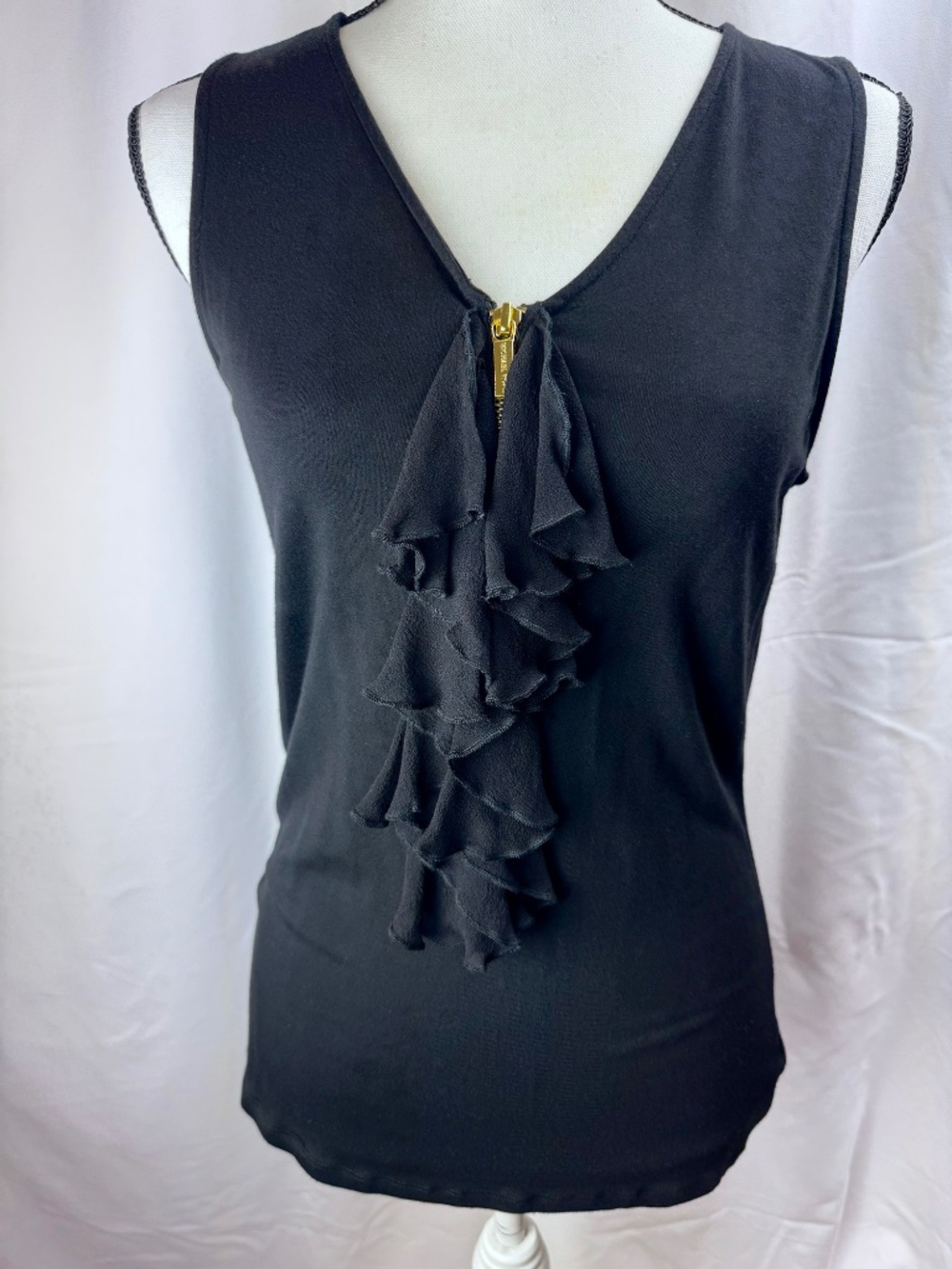 Michael Kors Women Black Tank Top Front Zipper with Ruffles - Size M (A201)